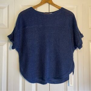 Poetry Knit Linen Sweater Navy Rolled Sleeves Button Back Round Hem 8 NWT